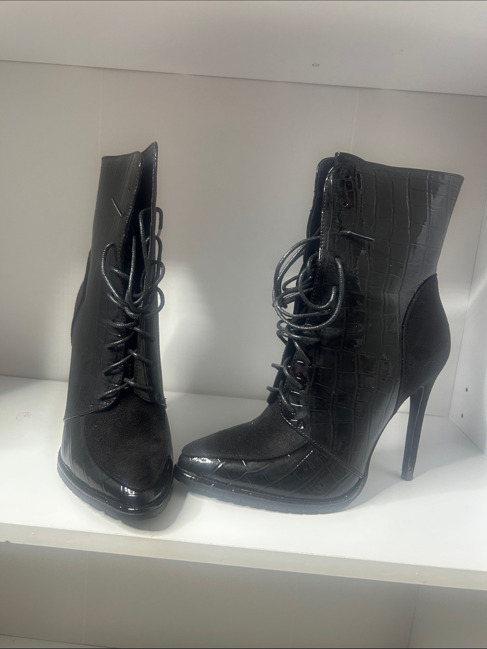 Croc-Embossed Black Lace-Up Stiletto Ankle Boots